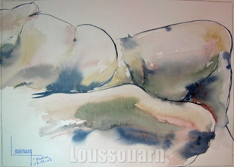 Croquis aquarelle Nu vert bleu