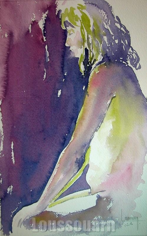 Croquis Nu jeune femme bleu mauve
